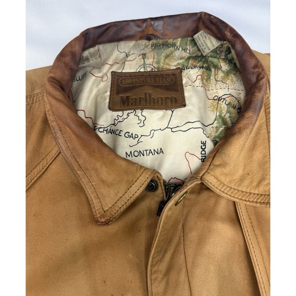 Marlboro Adventure Team Leather Jacket Mens L Montana Map Lining Bomber - Picture 15 of 16